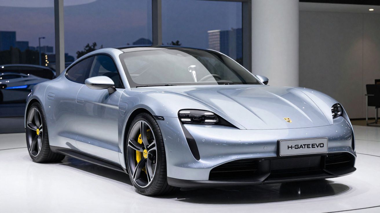 Carro esportivo elétrico Porsche Taycan prata exibido em showroom moderno com rodas pretas e detalhes amarelos.