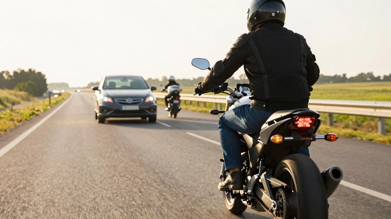 Motociclista com jaqueta preta e capacete andando em estrada em direção a carros que se aproximam no sentido contrário.