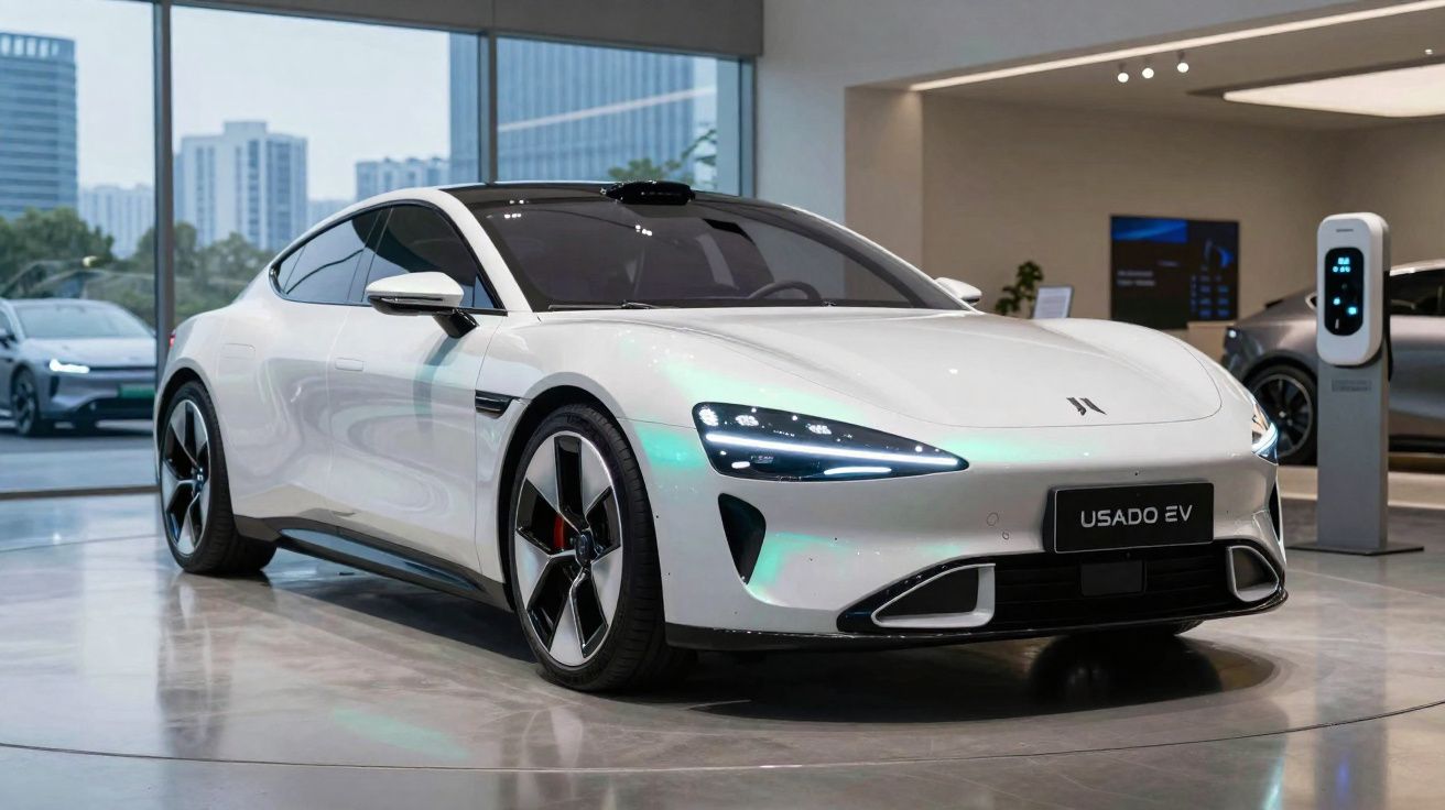 Carro elétrico branco moderno exibido em showroom com placa "USADO EV".