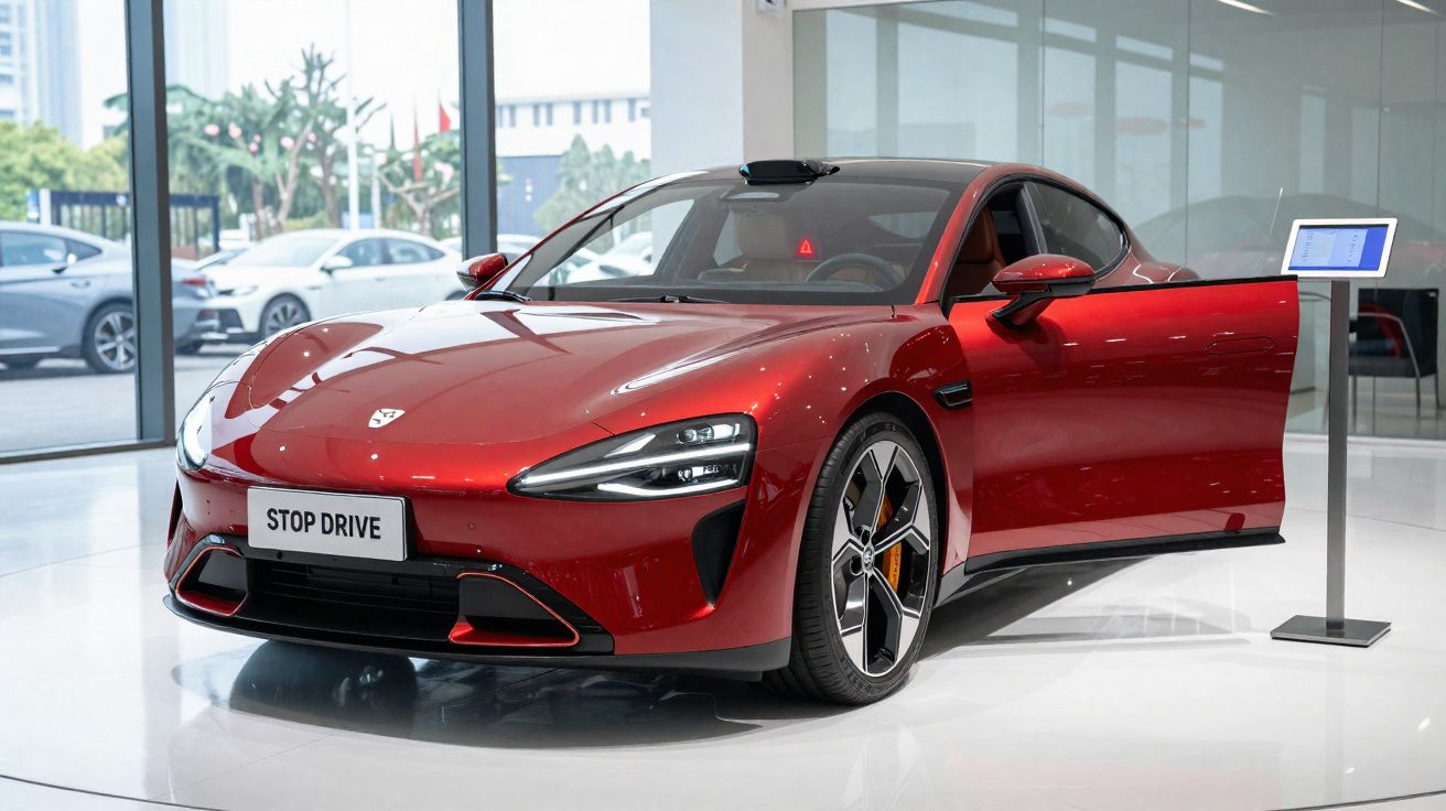 Carro esportivo vermelho elétrico com porta aberta em exposição dentro de showroom moderno.