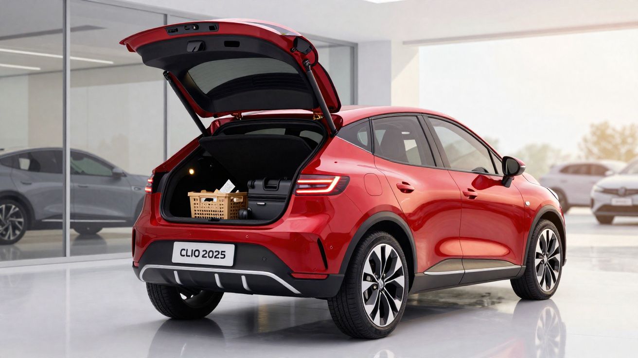 Carro vermelho Renault Clio 2025 com porta-malas aberto, mostrando cesta de compras dentro, em showroom moderno.