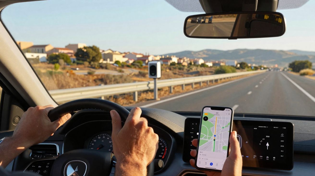 Motorista segura volante com uma mão e celular com GPS na outra em estrada movimentada ao entardecer.