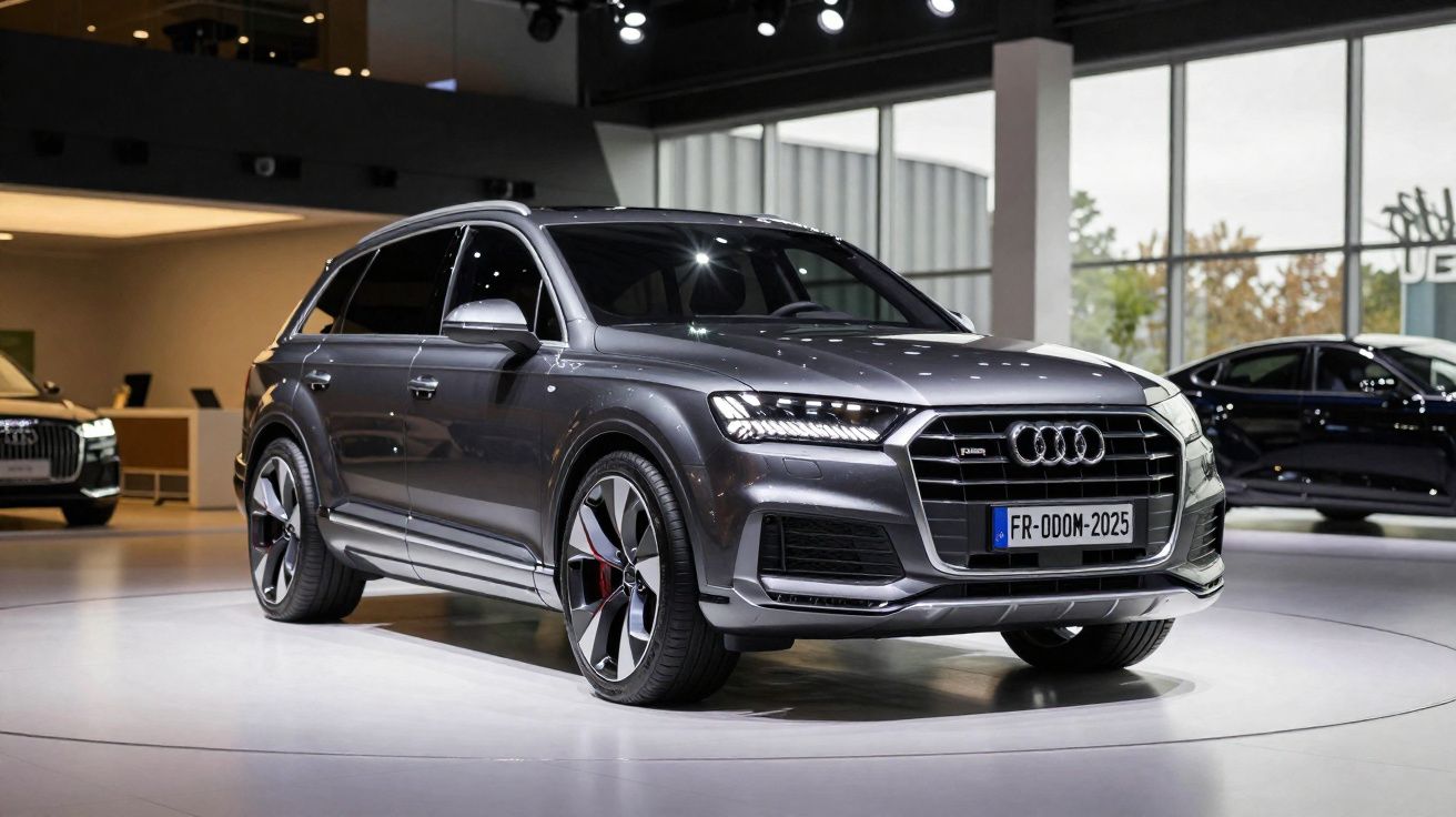 Carro Audi SUV cinza estacionado em ambiente interno moderno com iluminação branca.