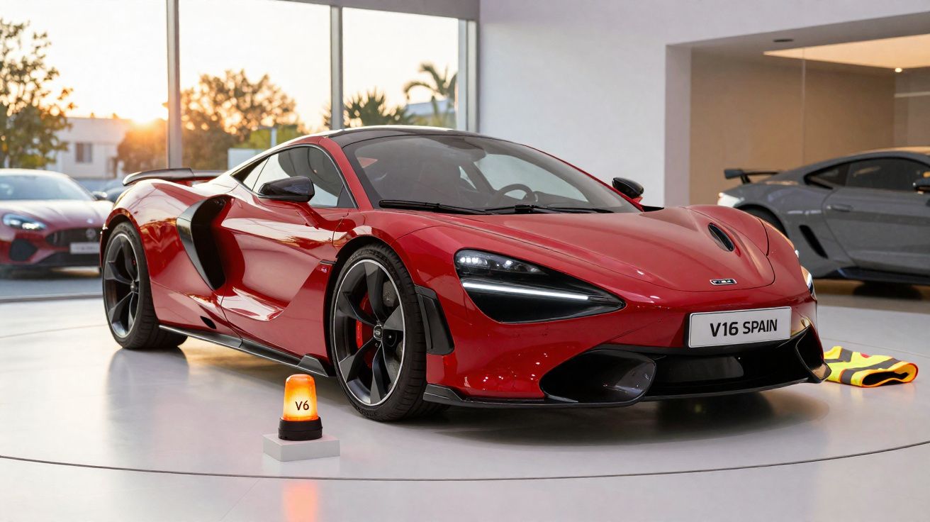 Carro esportivo vermelho McLaren V16 exposto em showroom com luz natural ao fundo.