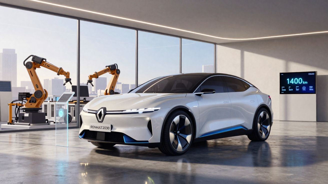 Carro elétrico branco Renault 2030 em showroom moderno com braços robóticos e painéis informativos.