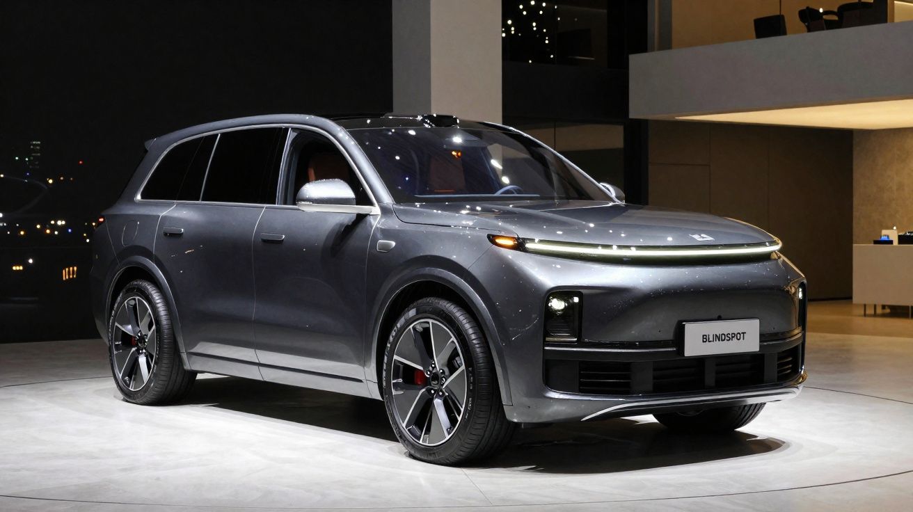 Carro elétrico SUV cinza escuro estacionado em ambiente interno moderno iluminado.