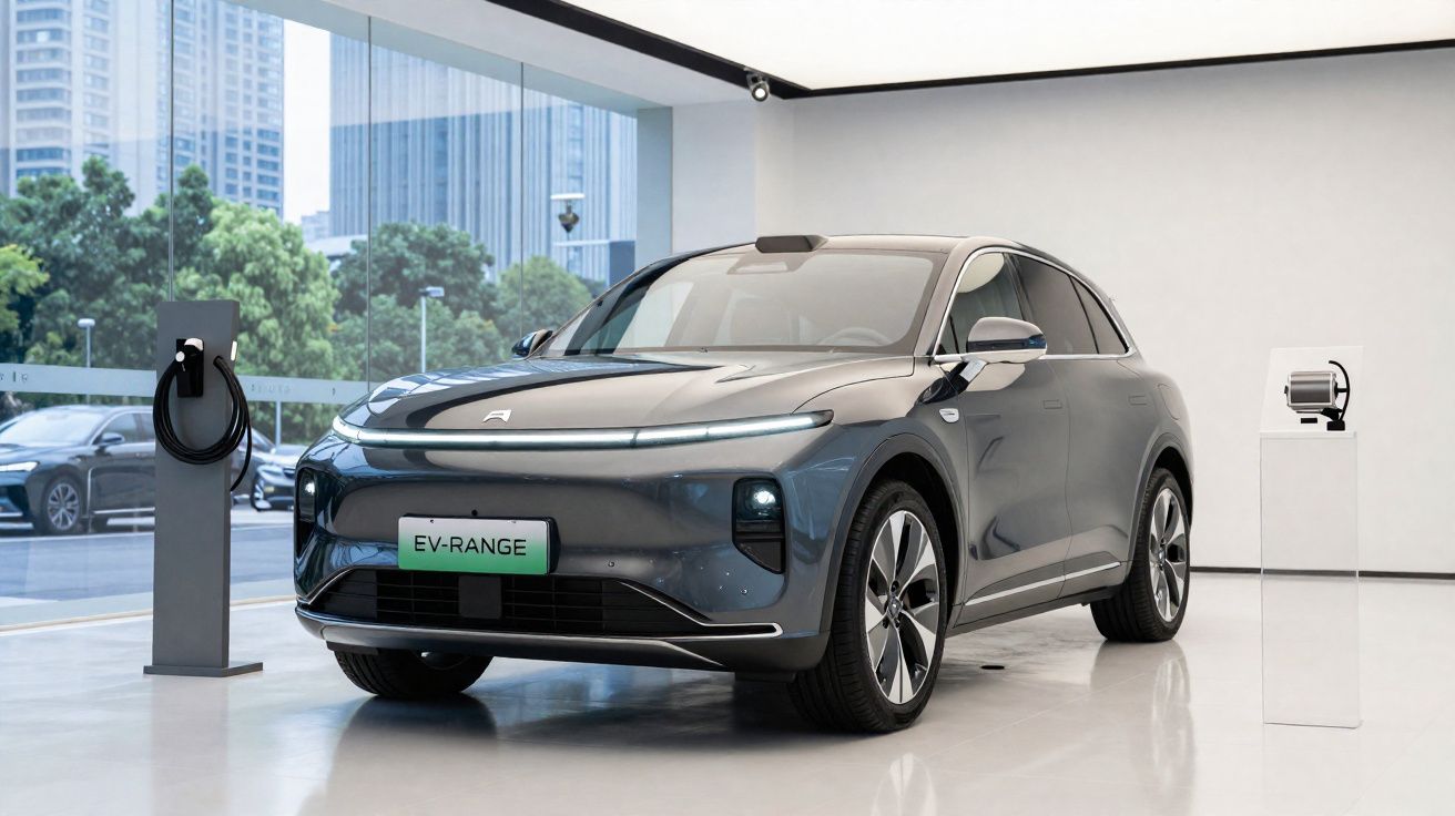 Carro elétrico cinza exibido em showroom moderno com carregador e motor exposto.