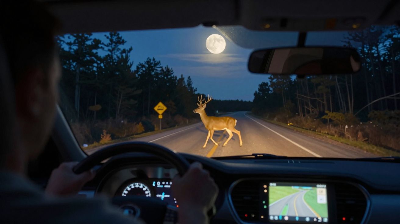 Veado atravessando estrada à noite, visto do interior de um carro com a lua cheia no céu.