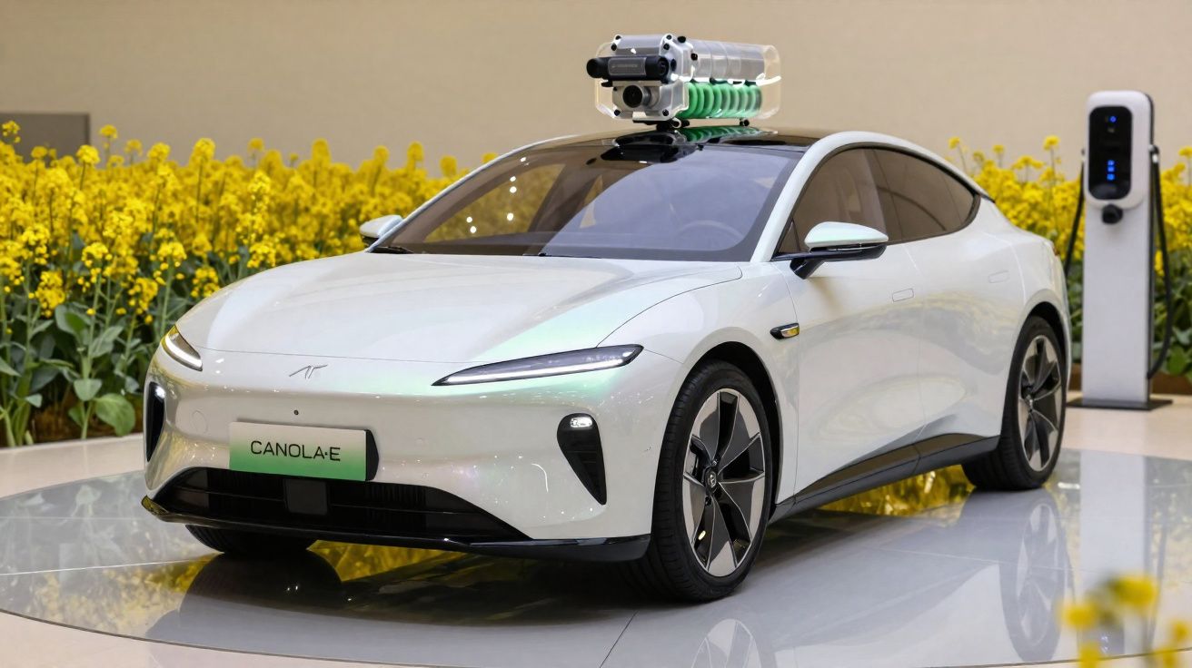 Carro elétrico branco Canola·E estacionado perto de campo de flores amarelas e estação de carregamento.