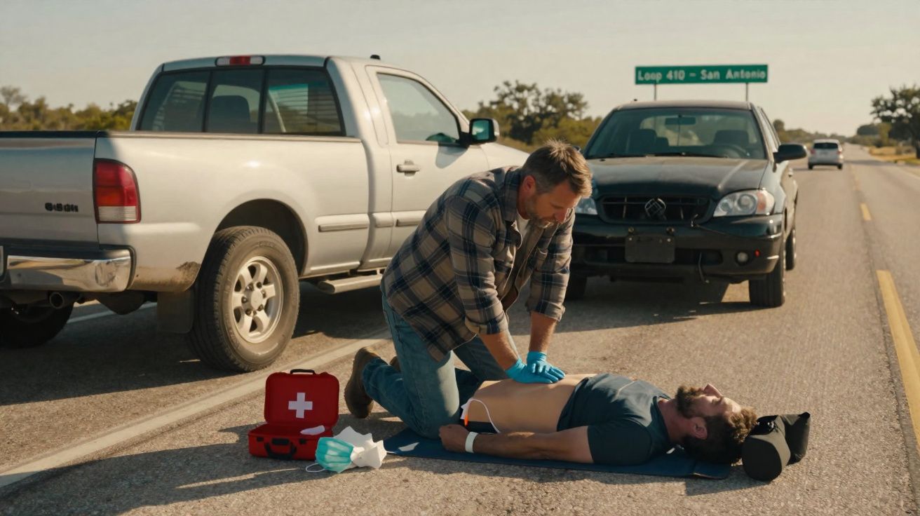 Homem realizando massagem cardíaca em vítima caída no asfalto, com carros parados na estrada ao fundo.
