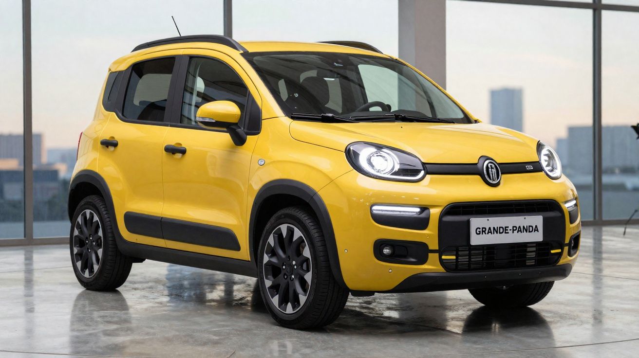 Carro compacto amarelo modelo Grande-Panda estacionado em espaço interno com piso de concreto.