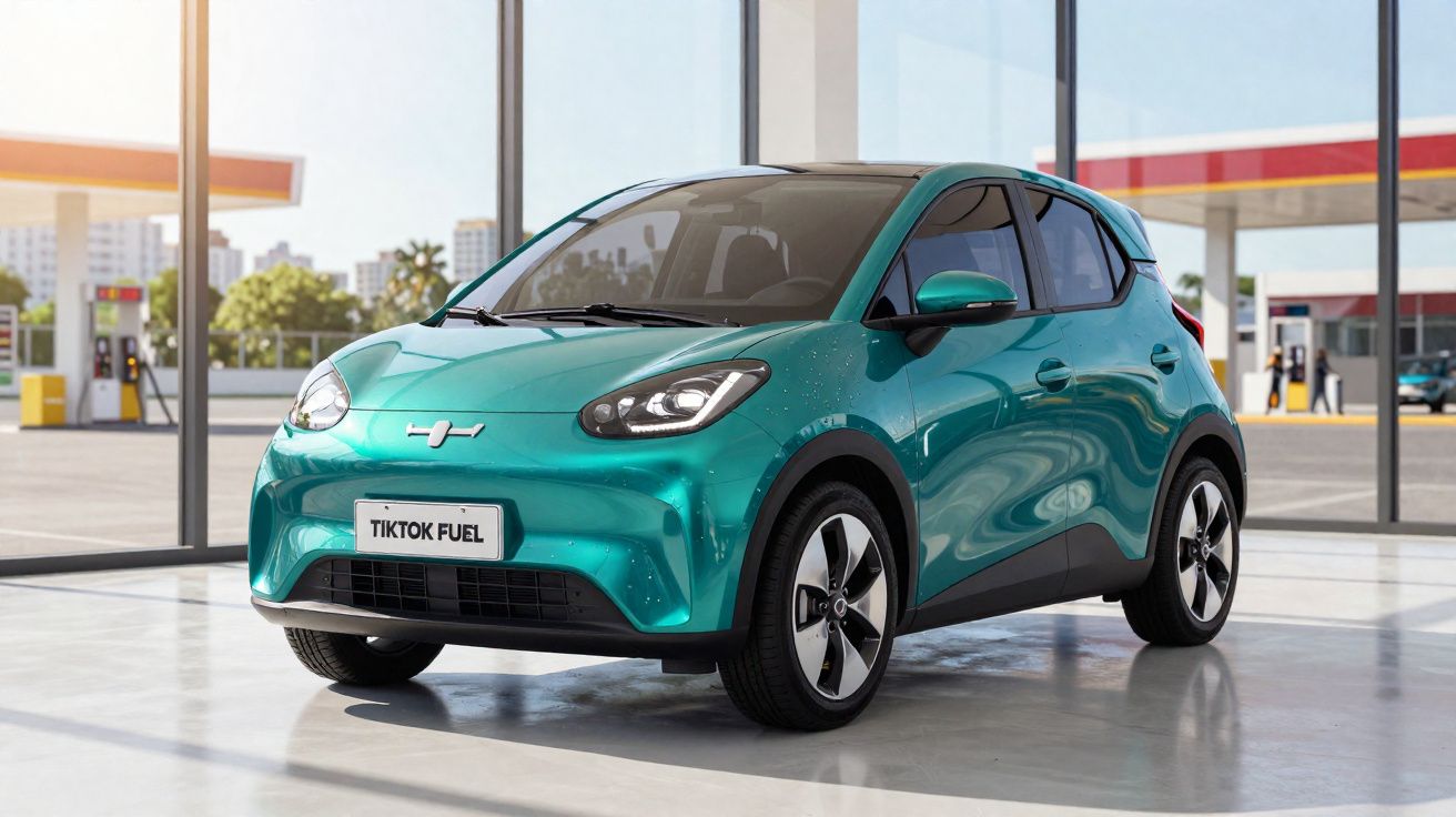 Carro compacto elétrico verde Tiktok Fuel estacionado em showroom com vidros amplos e posto de gasolina ao fundo.