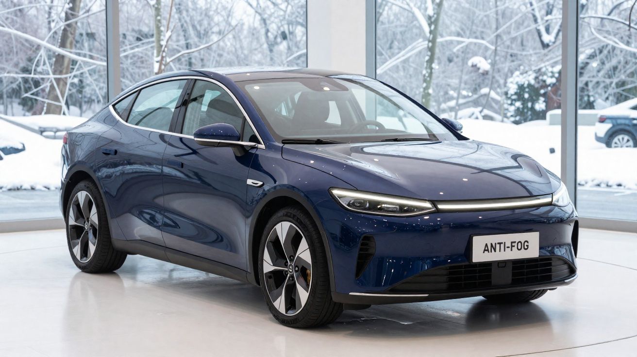 Carro elétrico azul escuro com design moderno exibido em showroom com janela mostrando neve do lado de fora.