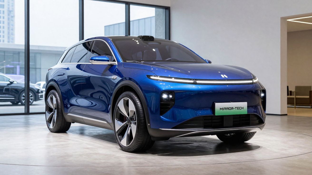 Carro elétrico azul moderno exposto em showroom com grande janela ao fundo.