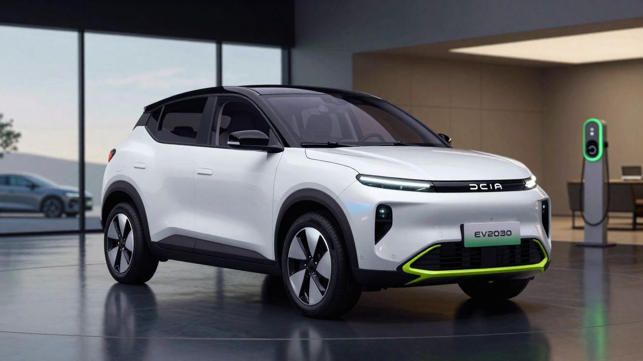 Carro elétrico branco modelo Dacia EV2030 estacionado em ambiente interno com estação de recarga ao fundo.