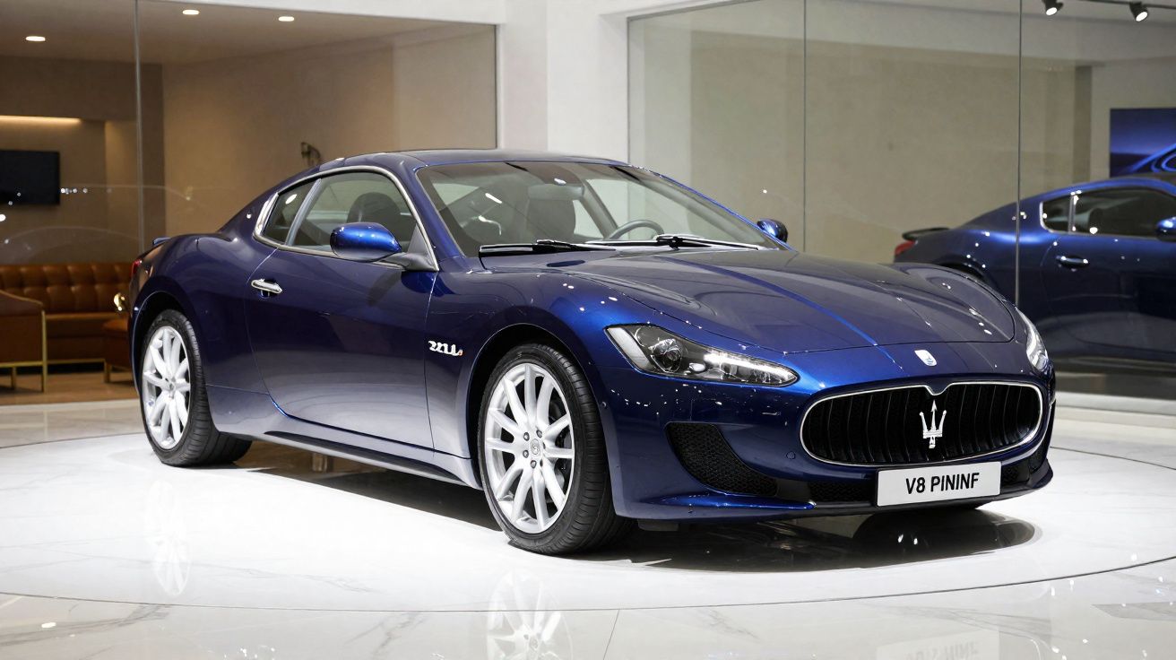 Carro esportivo azul Maserati V8 Pininfarina em exposição interna com piso branco e espelho ao fundo.