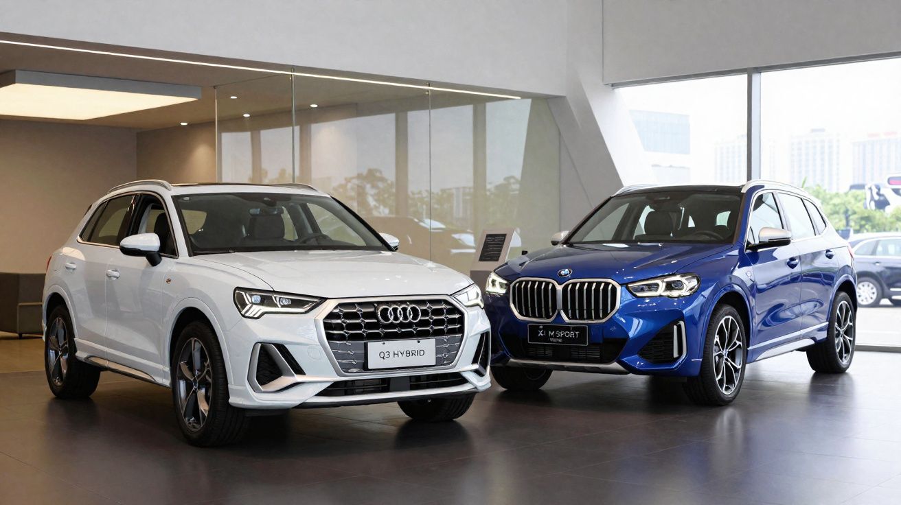 Dois carros SUV estacionados em showroom, Audi Q3 Hybrid branco à esquerda e BMW X1 M Sport azul à direita.