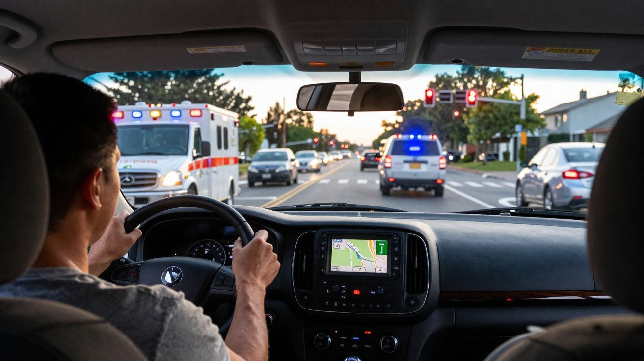 Motorista observa ambulância e viatura com sirenes ligadas em cruzamento urbano ao entardecer.