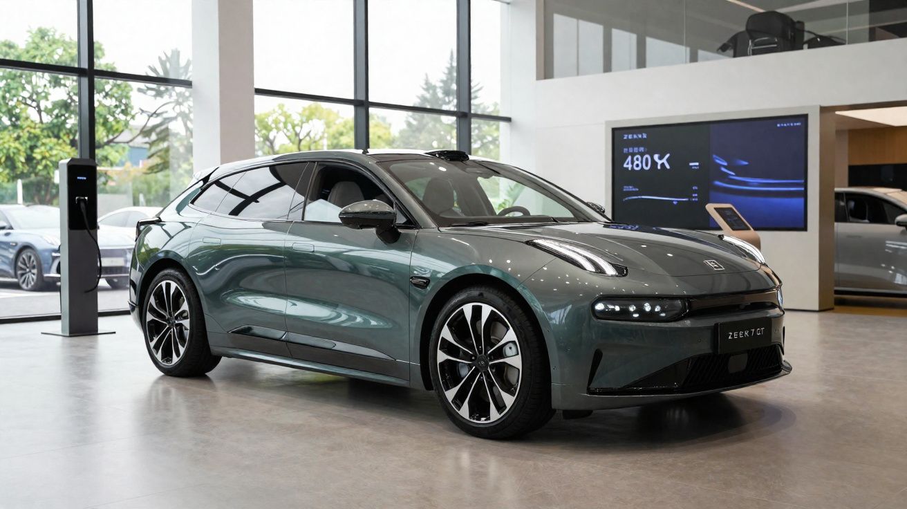 Carro elétrico cinza escuro em exposição dentro de showroom moderno e iluminado.