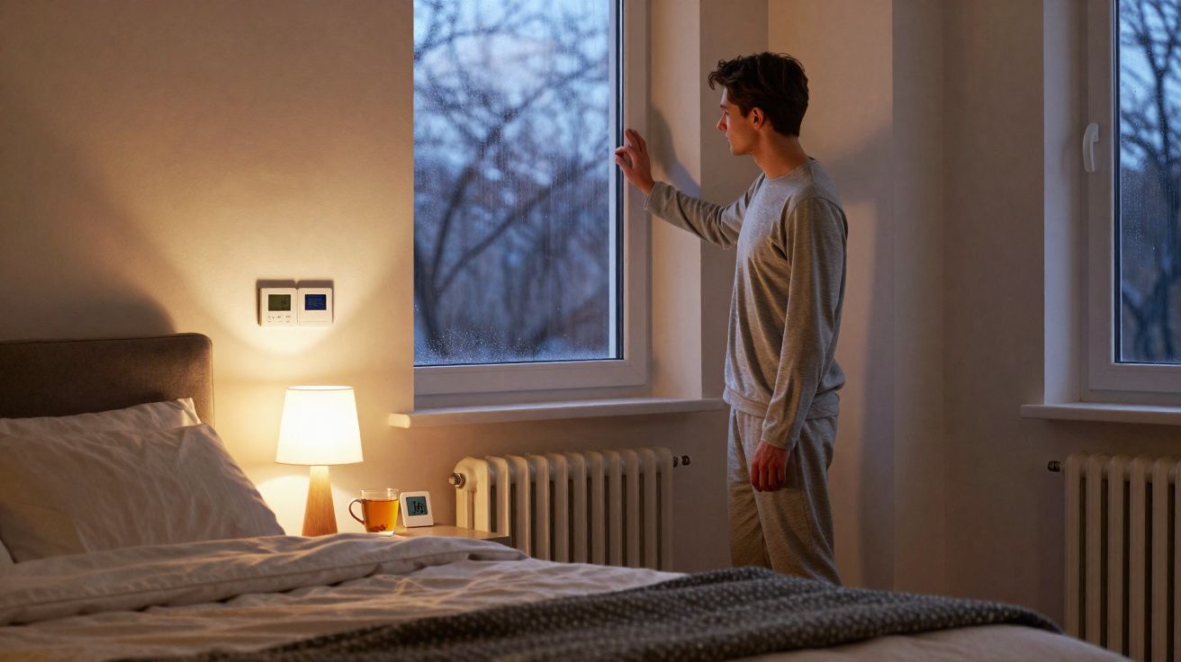 Homem em pijama olhando pela janela em quarto iluminado com abajur ao entardecer.