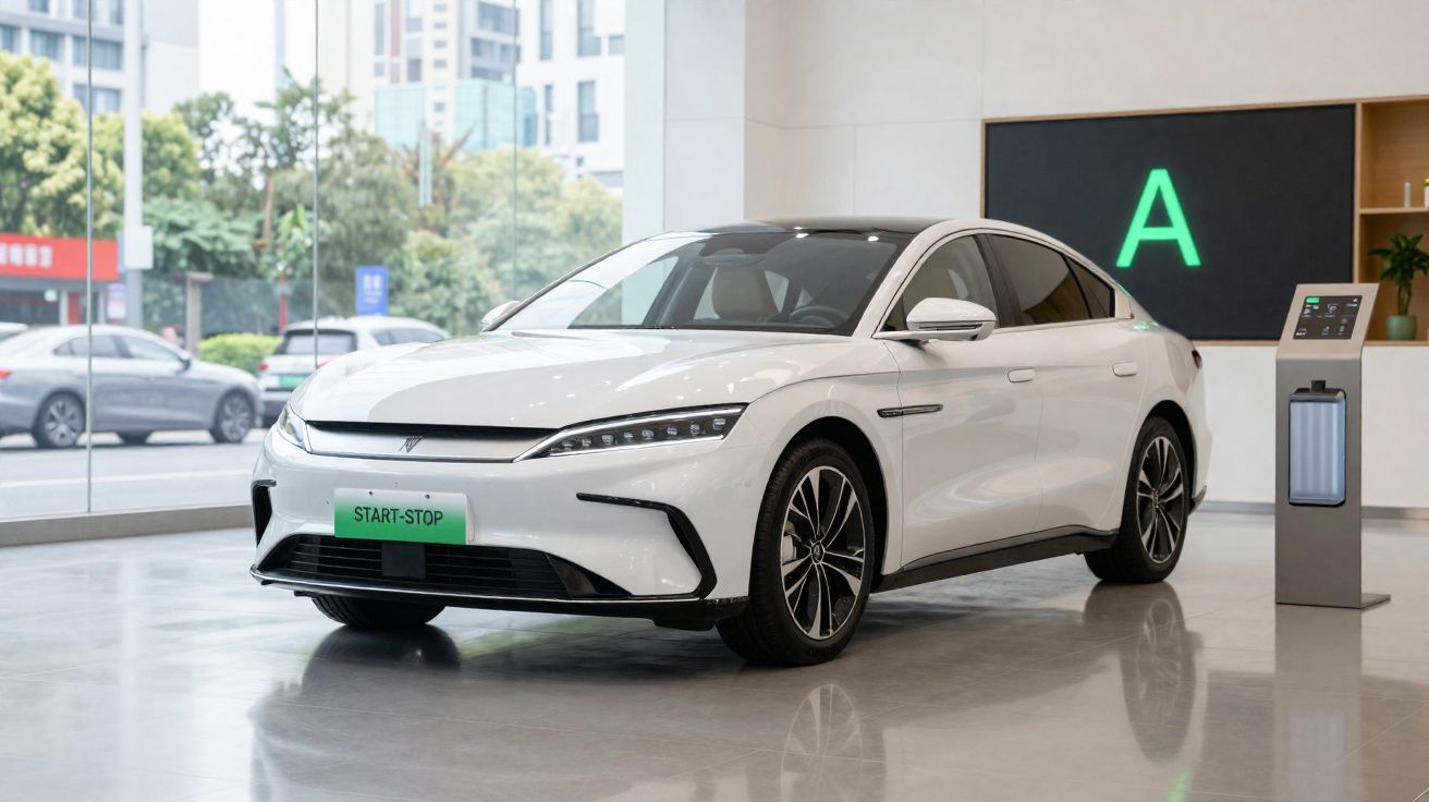 Carro elétrico branco em exposição interna, com placa verde escrito Start-Stop e símbolo verde no fundo.