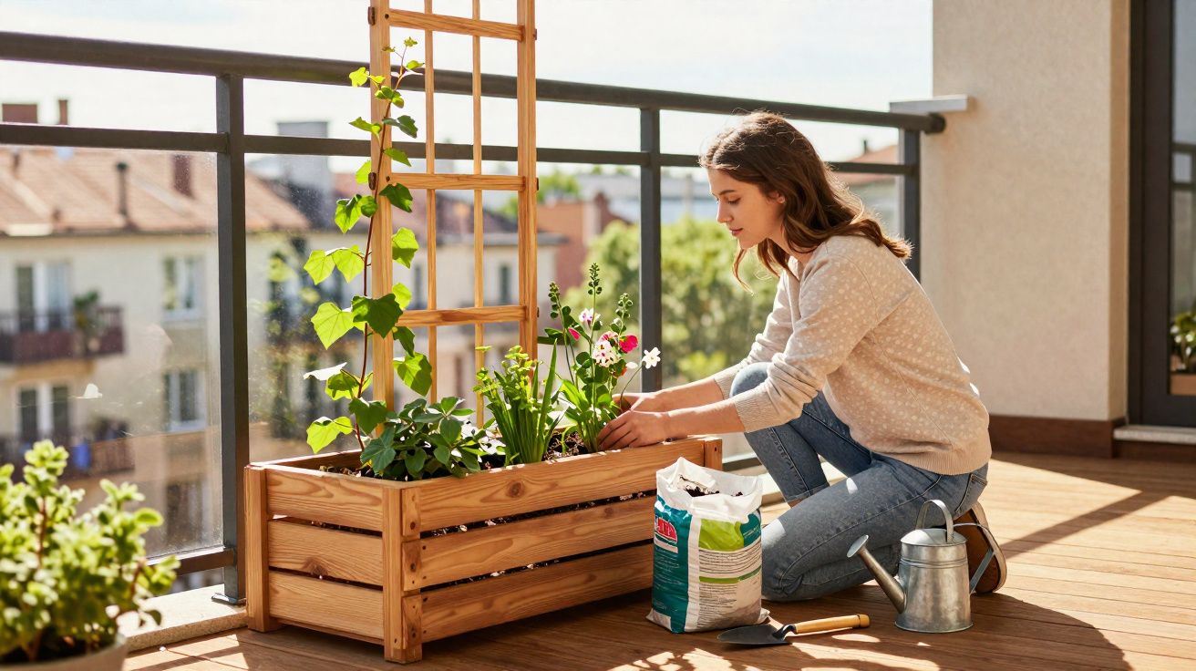 Mulher cuidando de plantas em jardineira de madeira na varanda ensolarada de apartamento.