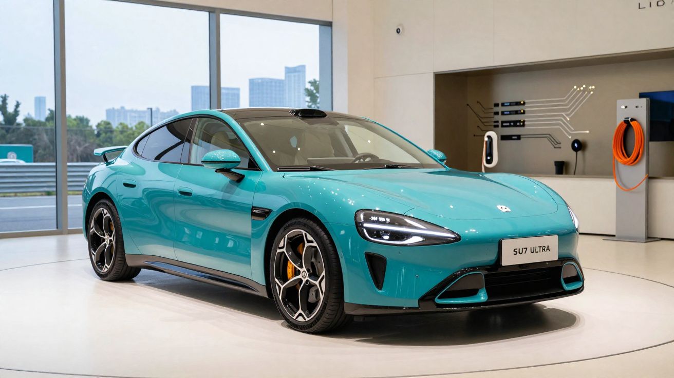 Carro elétrico azul modelo SU7 Ultra em exposição interna com carregador na parede ao fundo.