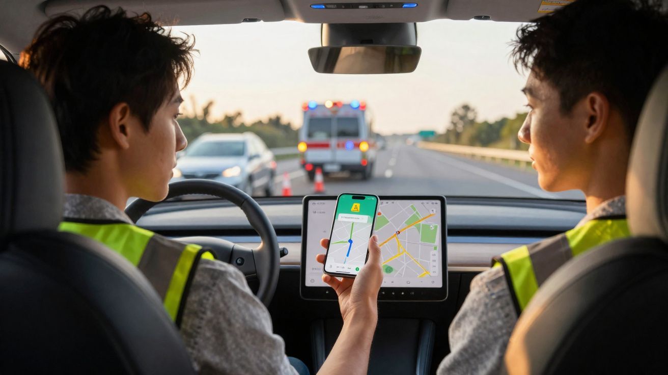 Dois homens com coletes refletivos em um carro, um segurando celular com mapa, ambulância ao fundo na estrada.