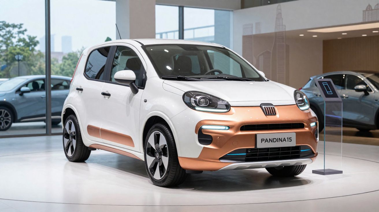 Carro compacto branco com detalhes em cobre exposto em showroom moderno com janelas grandes.