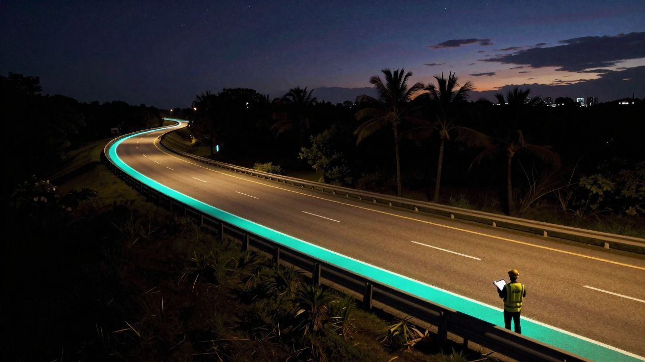 Rodovia sinuosa à noite com faixa iluminada em azul e pessoa com colete refletivo lendo documento.