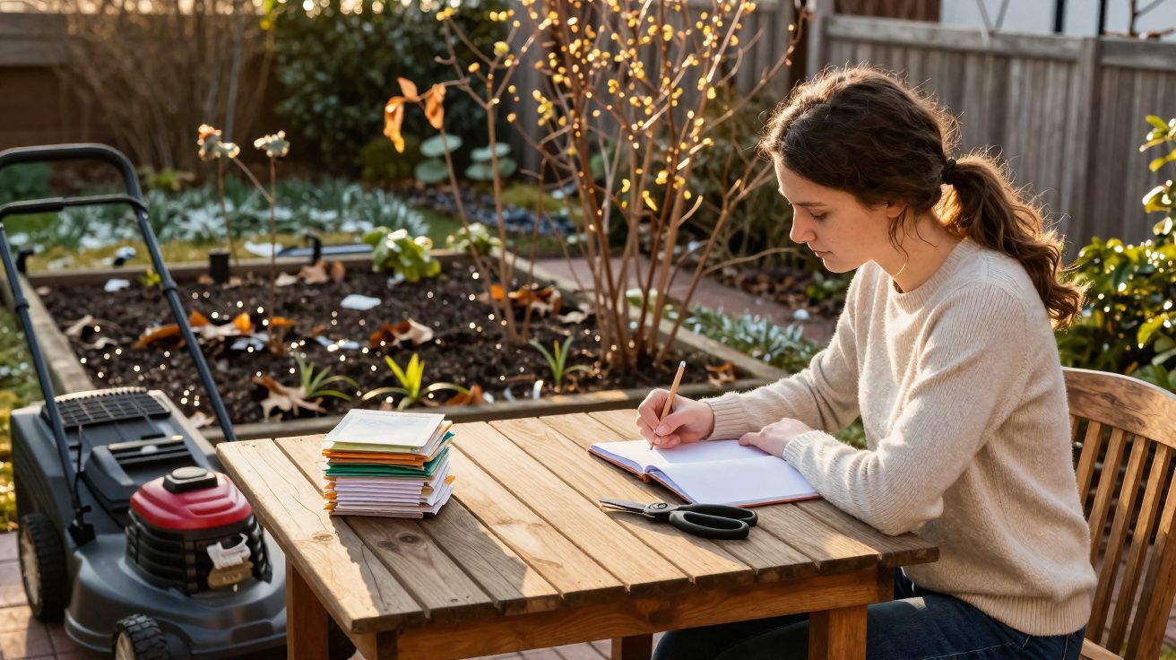 Mulher sentada à mesa de madeira no jardim, escrevendo em caderno, com cortador de grama ao lado.