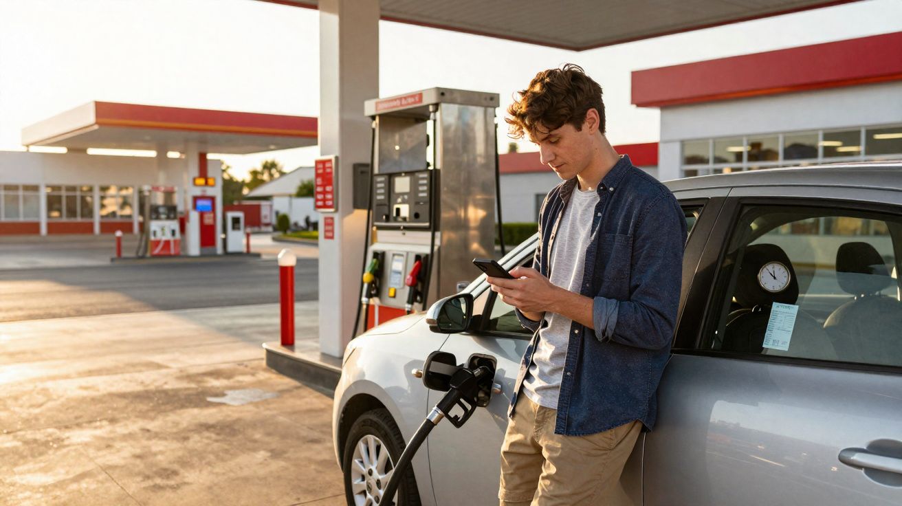 Homem encostado em carro abastecendo em posto de gasolina enquanto usa celular ao entardecer.