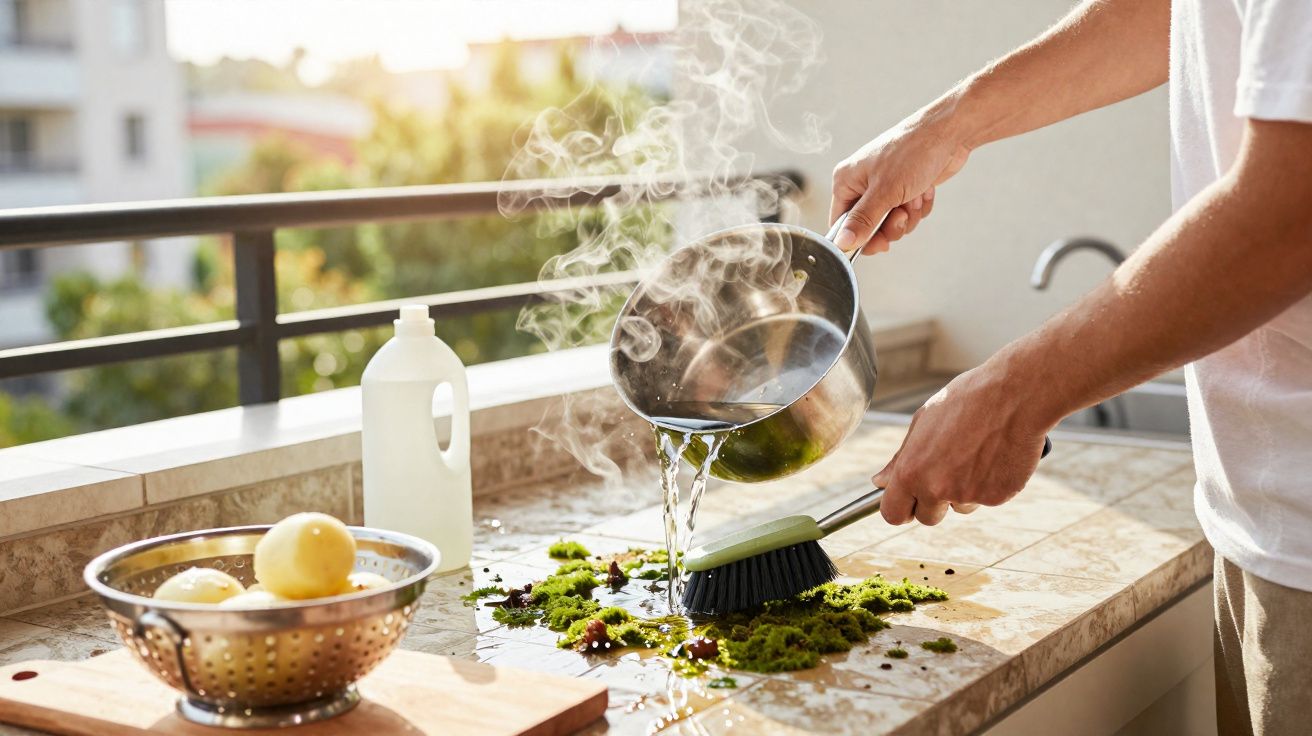 Pessoa despejando água quente sobre uma esponja para limpar um balcão de cozinha ao ar livre.