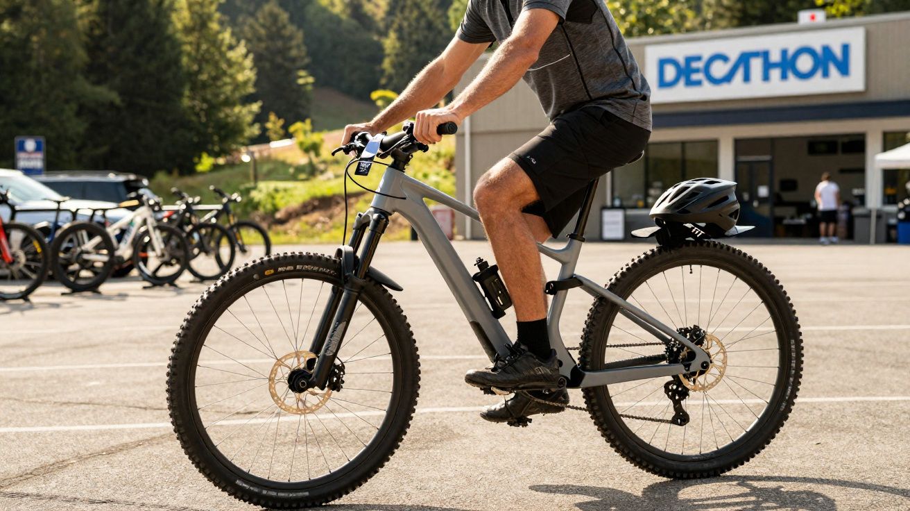 Pessoa pedalando bicicleta mountain bike cinza em estacionamento com loja Decathlon ao fundo.
