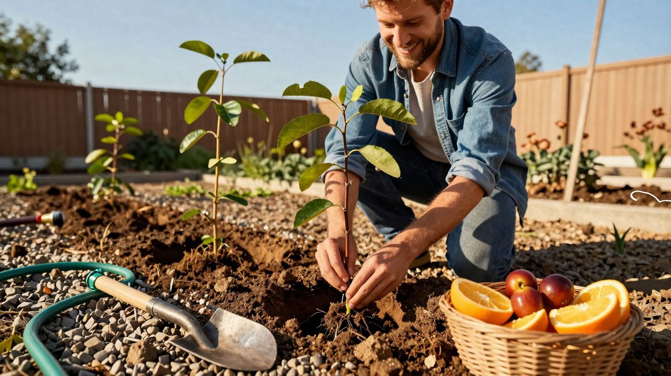 Homem plantando muda em jardim ao ar livre com cesta de frutas e pá ao lado.