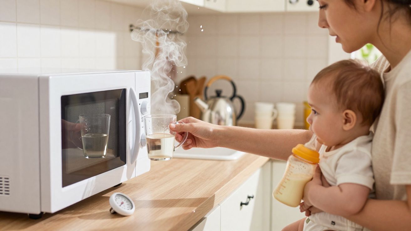 Mulher segurando bebê e retirando copo de vidro com água quente do micro-ondas na cozinha.