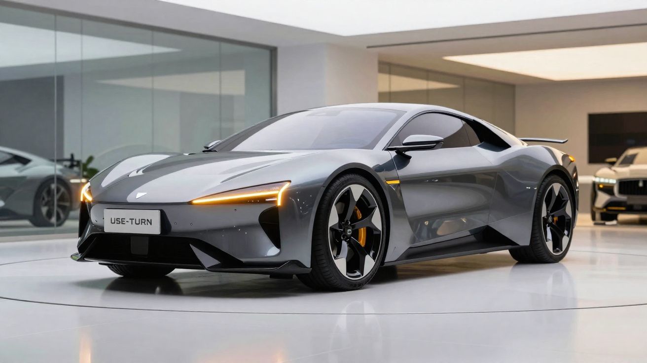 Carro esportivo elétrico cinza com design aerodinâmico exibido em showroom moderno.