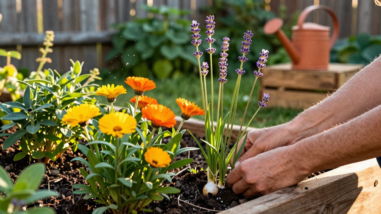 Pessoa plantando flores de lavanda em canteiro com flores amarelas e alaranjadas em jardim.