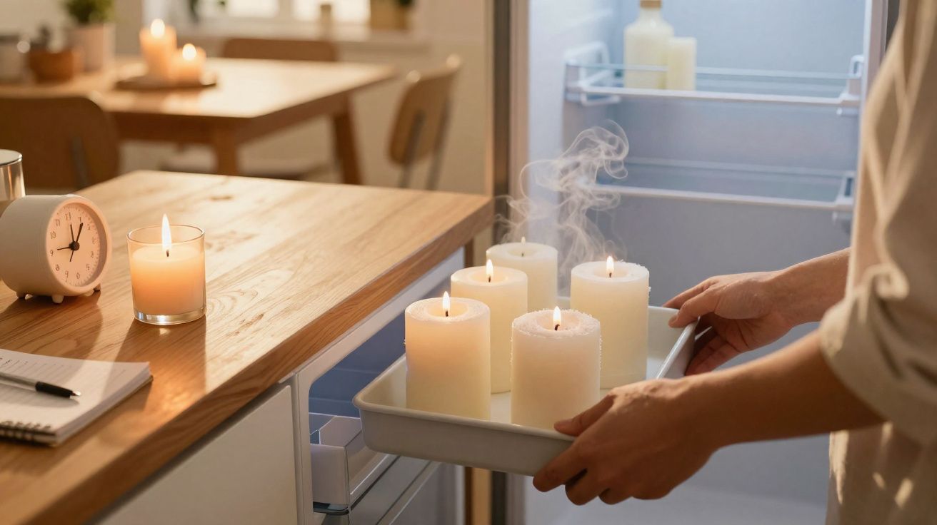 Pessoa retirando uma bandeja com velas acesas de dentro da geladeira em cozinha com luz suave.