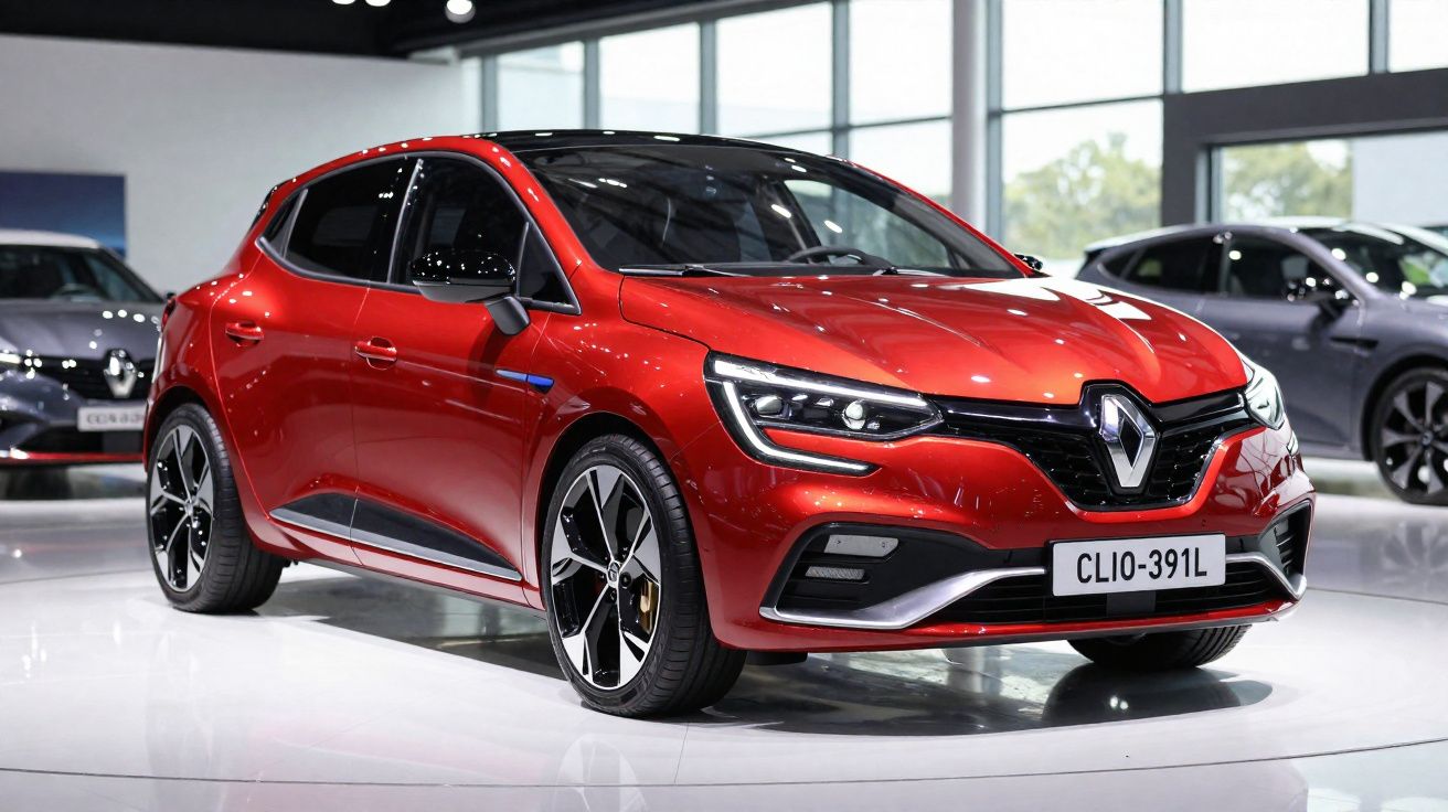 Carro Renault Clio vermelho exposto em showroom moderno com iluminação intensa e piso branco refletivo.