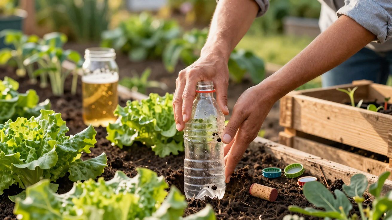 Pessoa usando garrafa plástica para regar plantas em horta caseira com verduras e mudas.