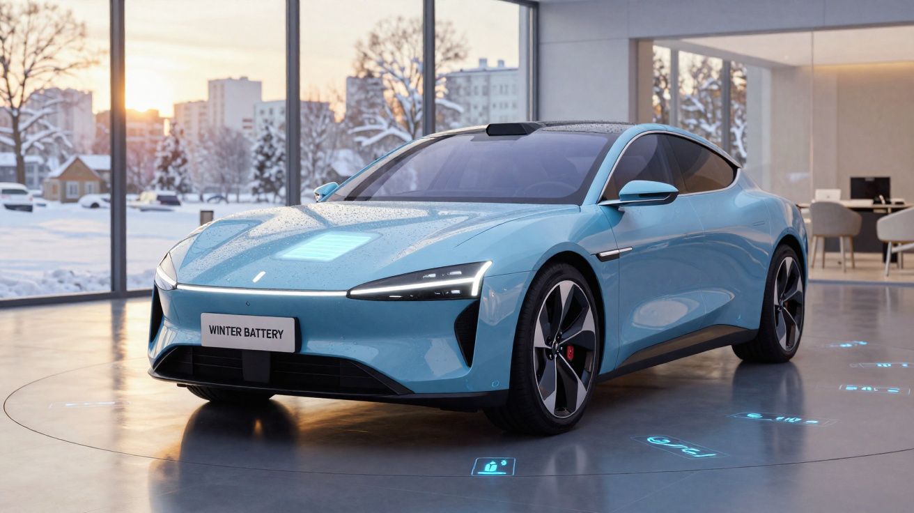 Carro elétrico azul em ambiente interno moderno com neve e edifícios ao fundo ao pôr do sol.