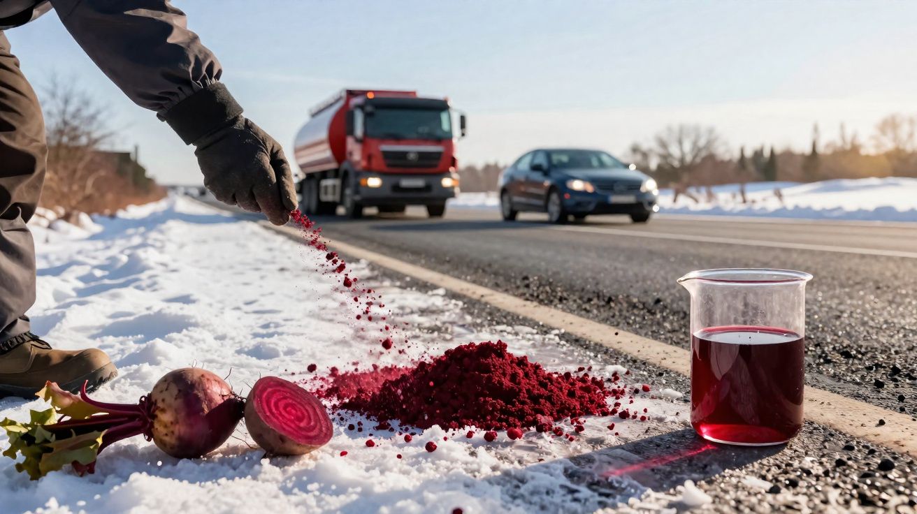 Pessoa com luva derramando pó vermelho ao lado de beterrabas e copo com líquido vermelho na neve perto da estrada.