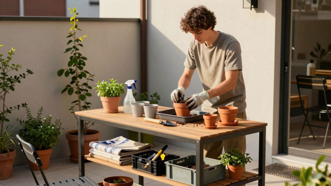 Jovem cuidando de plantas em vaso sobre mesa de madeira em área externa ensolarada.