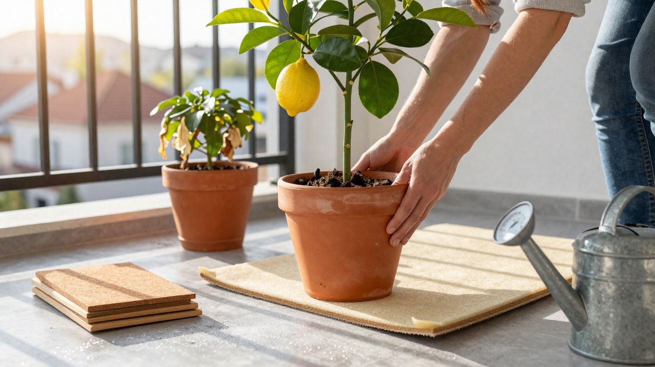 Pessoa cuidando de planta de limão em vaso de barro em varanda com luz natural do sol.
