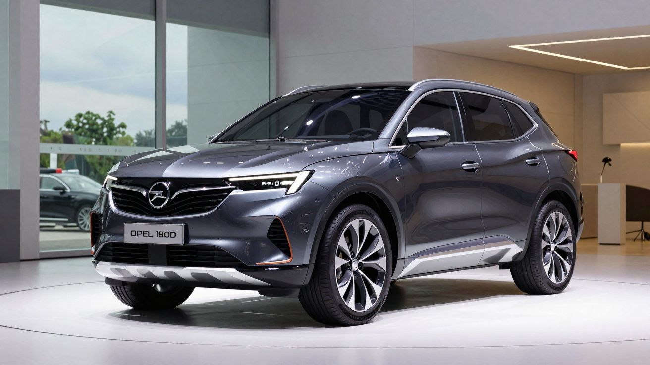 Carro SUV cinza Opel 1800 exibido em showroom moderno com grande janela de vidro ao fundo.