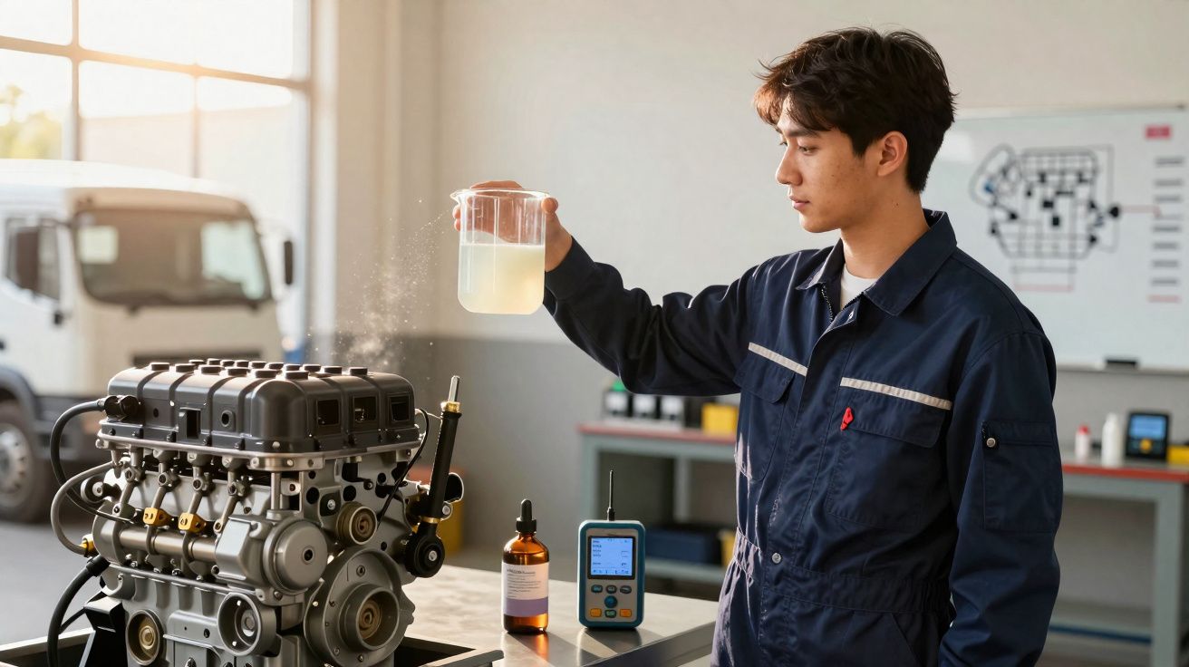 Técnico em macacão azul realizando teste em motor com líquido transparente em ambiente de oficina.