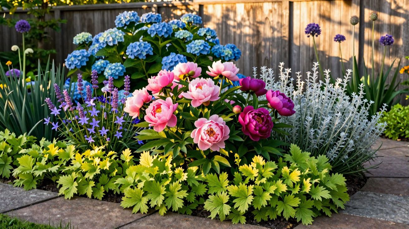 Jardim com flores coloridas incluindo peônias rosas, hortênsias azuis e plantas ornamentais diversas.