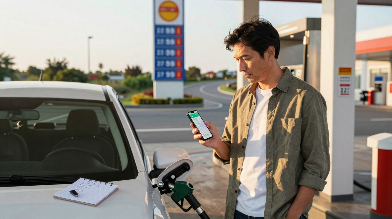 Homem em posto de gasolina abastece carro enquanto consulta celular, com caderno sobre capô branco.
