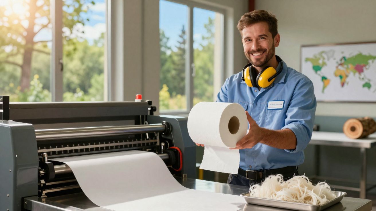 Homem sorridente com protetor auricular segurando um rolo de papel em fábrica de papel higiênico.